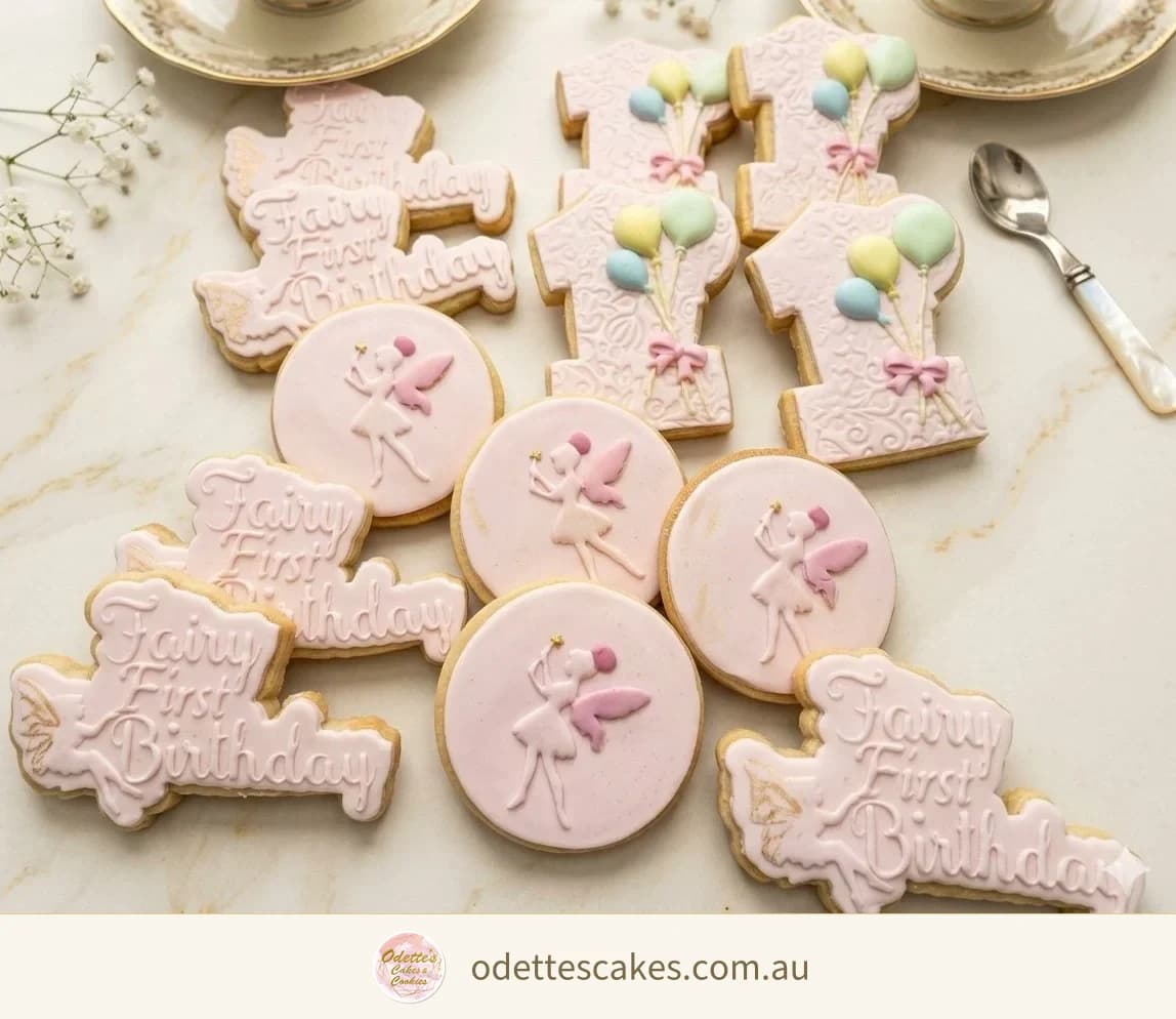 1st Birthday cookies featuring fairies, balloons and an embossed message!