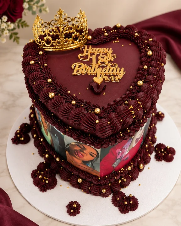 A gorgeous burgundy heart cake helps celebrate an 18th Birthday!
#odettescakesandcookies
#18thbirthdaycake
#heartcake
#retropipingcake