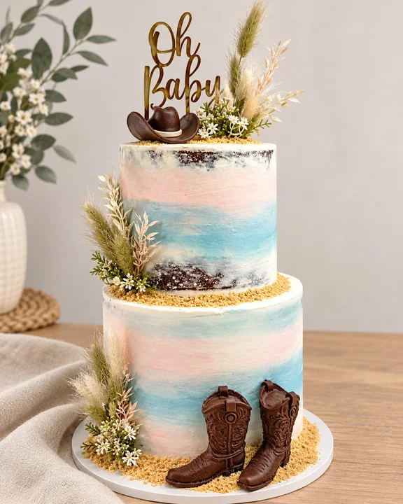 A Bay Shower/Gender reveal Cake with a country vibe!
Featuring hand made hat and boots.
#odettescakesandcookies
#babyshowercake
#genderrevealcake
#perthcakes